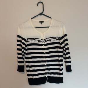 Talbots Cardigan Womens Medium Petite Black White Stripe Ruffle Button Sweater